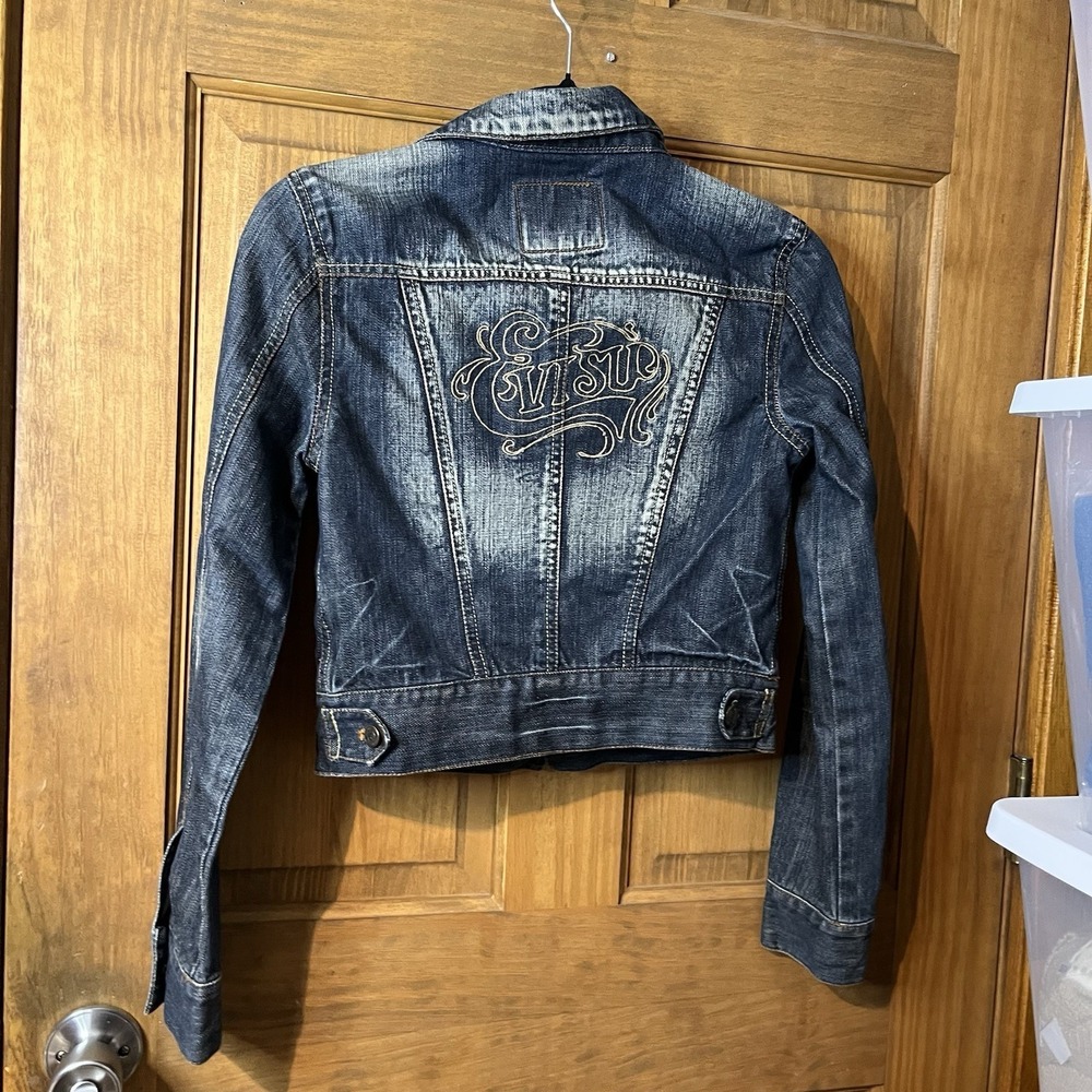 Vintage Evisu Cropped Denim Jacket Y2K Acid Wash Back Gold Chain Embroidery Sm